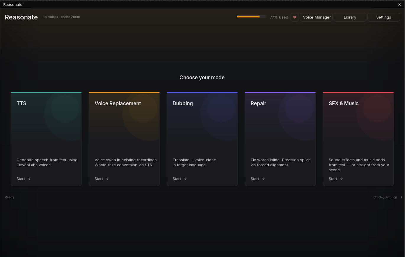 Reasonate mode selector showing five cards: TTS, Voice Replacement, Dubbing, Repair, SFX and Music