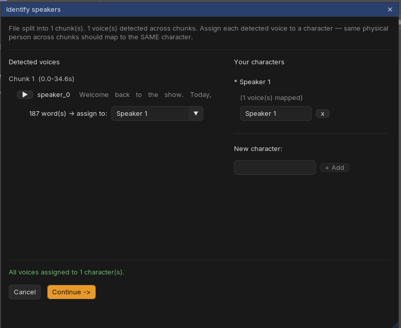 Identify speakers modal mapping detected voices to characters, with play buttons and word counts