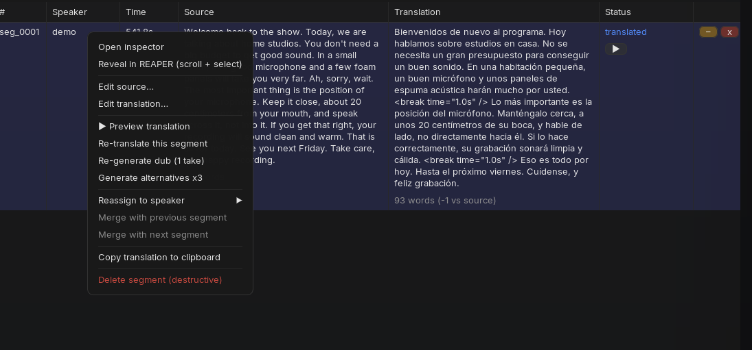 Right-click menu on a segment: open inspector, reveal in REAPER, edit source or translation, preview translation, re-translate, re-generate, alternatives, reassign speaker, merge segments
