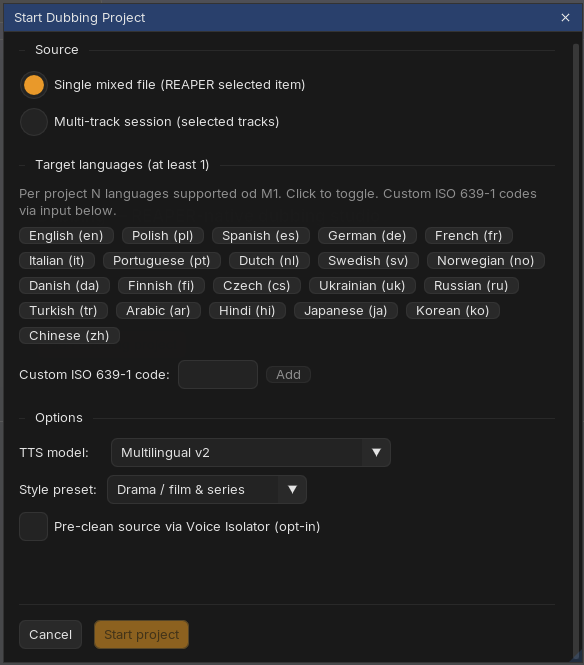 Start Dubbing Project modal: source selection, target language chips, TTS model, style preset and Voice Isolator option