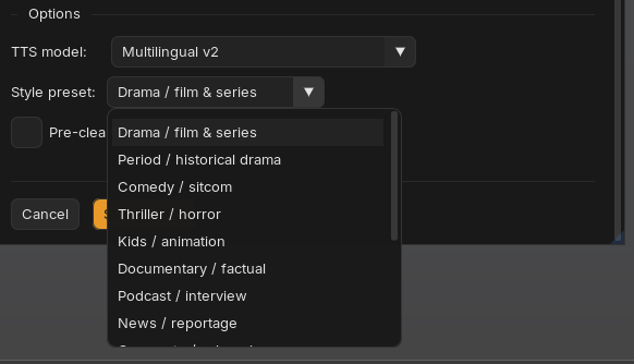 Style preset dropdown listing options like Drama, Period drama, Comedy, Thriller, Kids, Documentary, Podcast, News