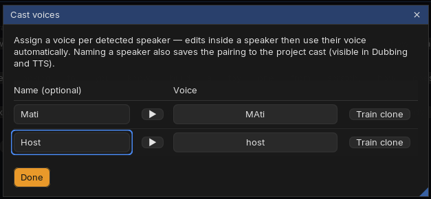 Cast voices modal in Repair: two named speakers with a sample play button, an assigned voice and a Train clone button each
