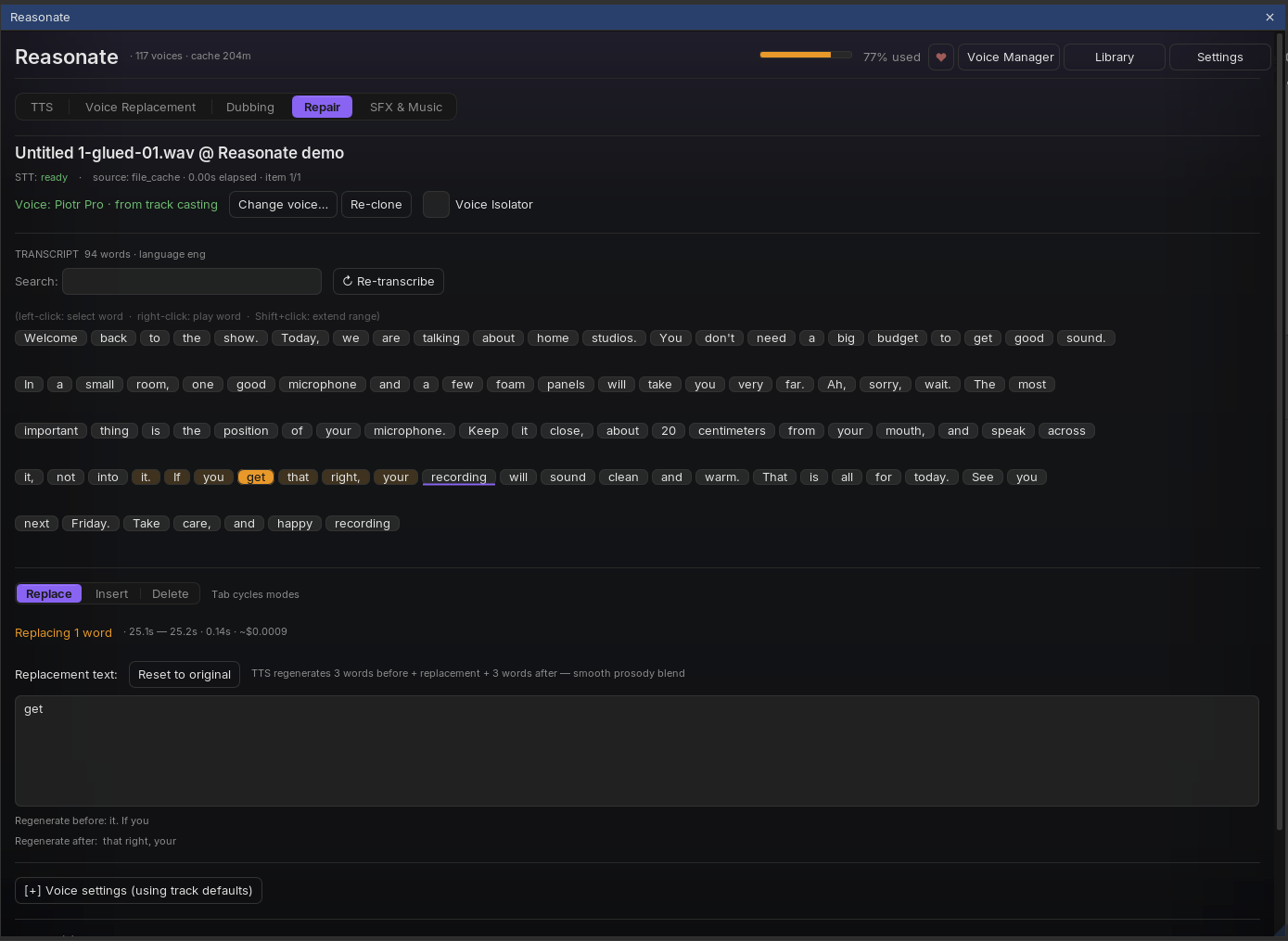 Repair mode: the transcript as clickable word chips, a selected word, the Replace panel with replacement text and the context that will be regenerated