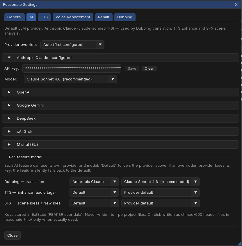 Settings AI tab: provider override, six LLM provider sections with API key and model, and per-feature model overrides