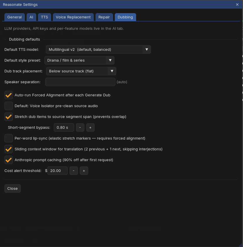 Settings Dubbing tab: default TTS model and style preset, dub track placement, speaker separation, alignment and stretching toggles, prompt caching and cost alert threshold