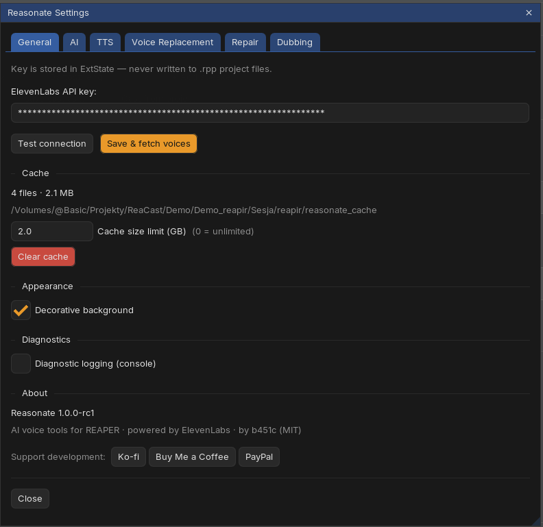 Settings General tab: API key with Test and Save buttons, cache statistics and size limit, appearance and diagnostics toggles, About section with support buttons
