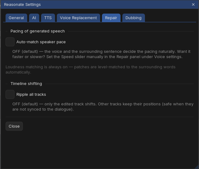 Settings Repair tab: auto-match speaker pace toggle and ripple all tracks toggle, each with an explanation