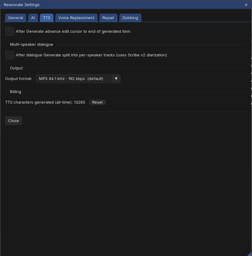Settings TTS tab: advance cursor toggle, dialogue split per speaker, output format and all-time character counter