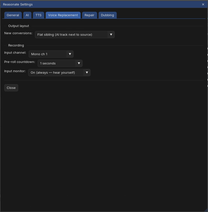 Settings Voice Replacement tab: output layout selector and recording options for input channel, pre-roll and monitoring