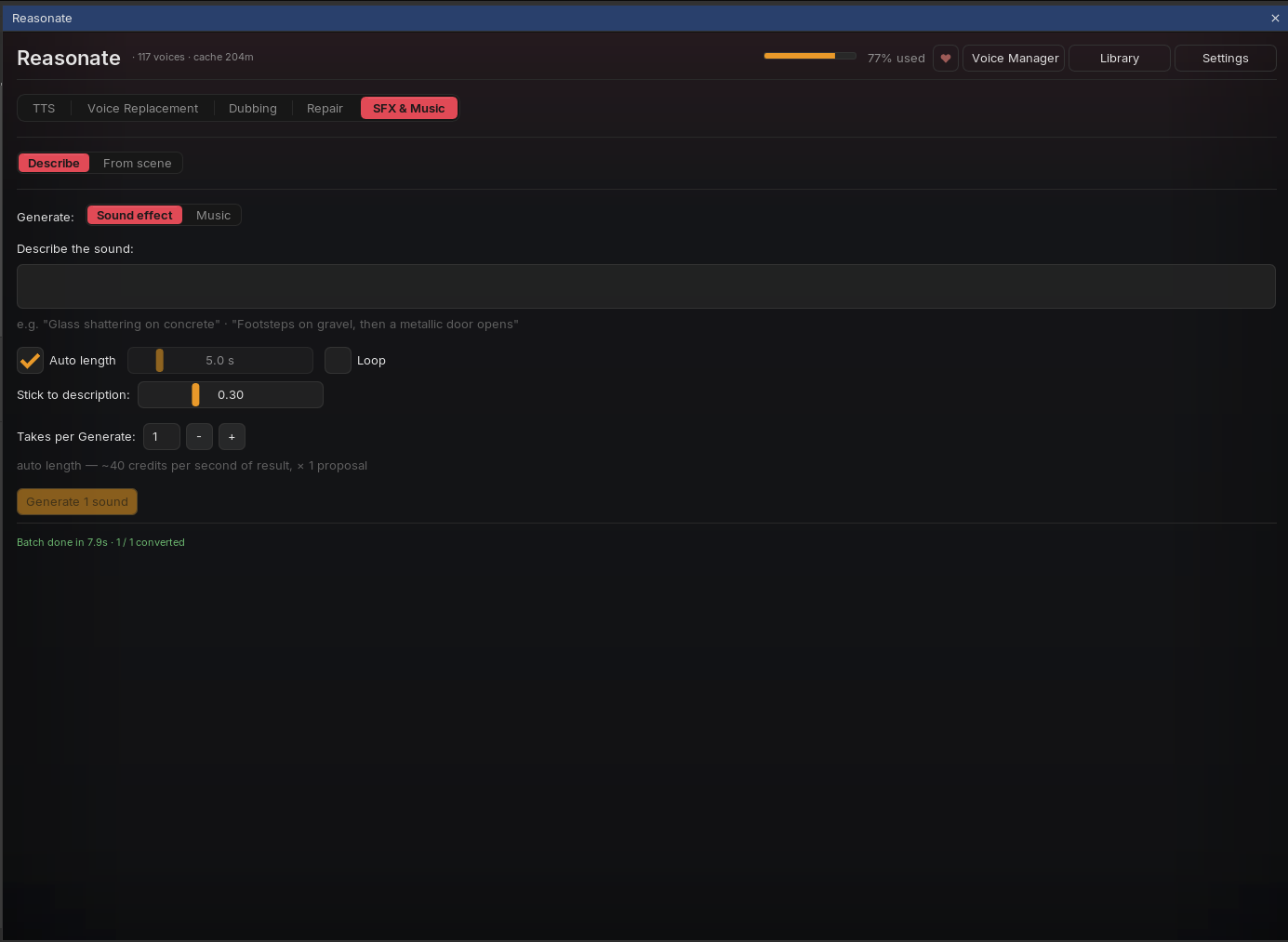 Describe view: sound effect prompt field, auto length, loop toggle, stick-to-description slider, takes stepper and the Generate button