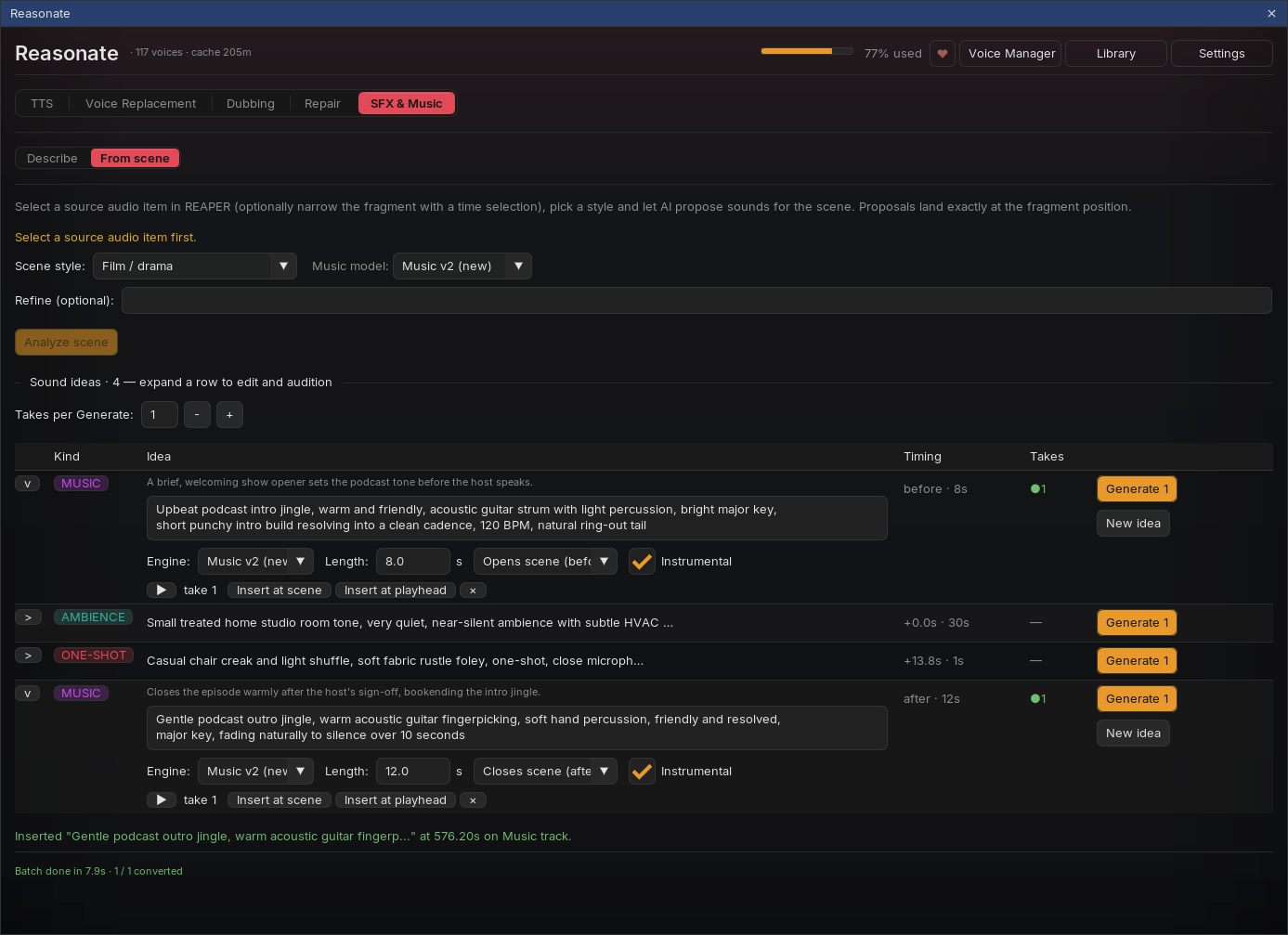 From scene view with a production table of sound ideas for a podcast: music opener, room tone ambience, one-shot foley and outro jingle, each with editable prompt, engine, length, placement and generated takes