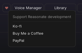 The heart button popup in the header with Ko-fi, Buy Me a Coffee and PayPal links