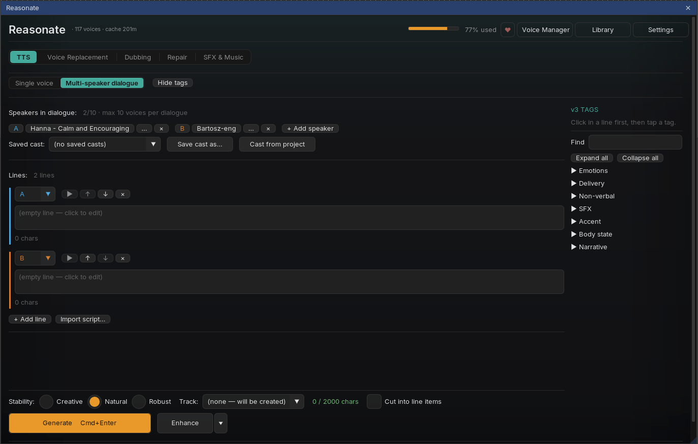TTS dialogue sub-mode with two speakers assigned to voices, two dialogue lines with speaker selectors, and the v3 tags palette