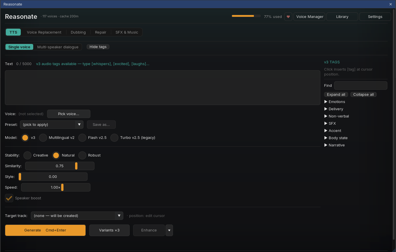 TTS single voice panel: text editor with v3 audio tags hint, voice picker, model radio buttons, stability presets and sliders, target track selector and Generate button