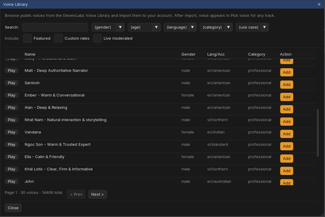 Voice Library browser with search, filters and a paginated list of public voices with Play and Add buttons