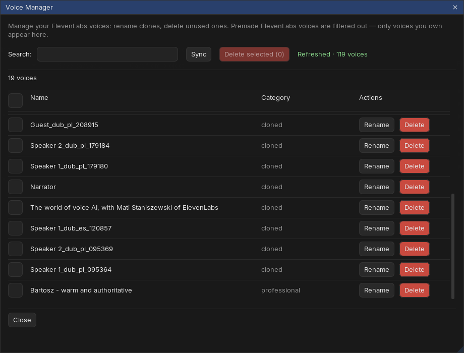 Voice Manager listing owned cloned voices with rename and delete actions and a batch delete button