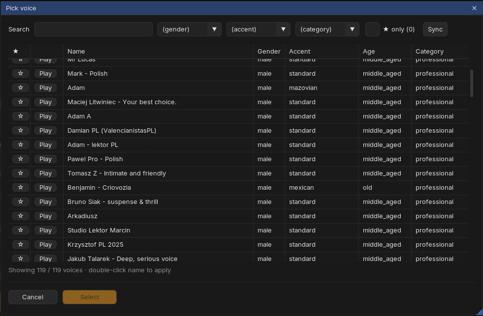 Pick voice modal with search, gender, accent and category filters, favorites column and Play preview per voice