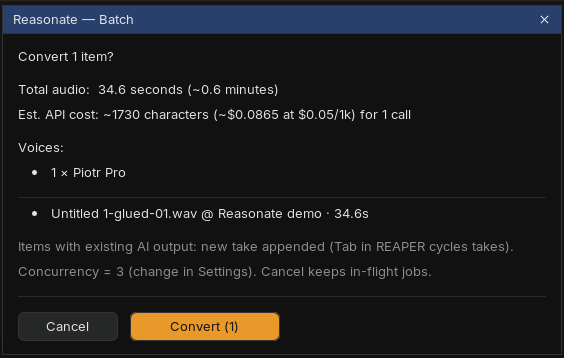 Batch confirmation dialog showing total audio length, estimated API cost and the voices that will be used