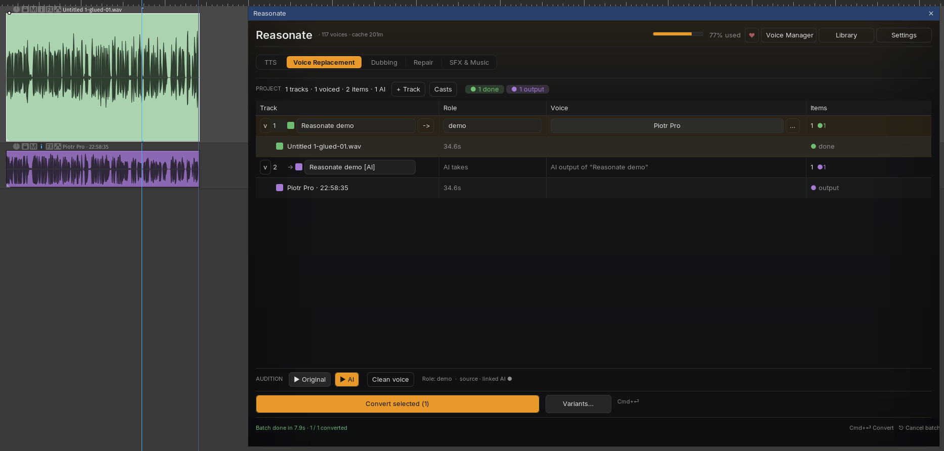 REAPER timeline with the source item and the converted AI item on a child track, next to the Reasonate table showing the source track and its read-only AI output track