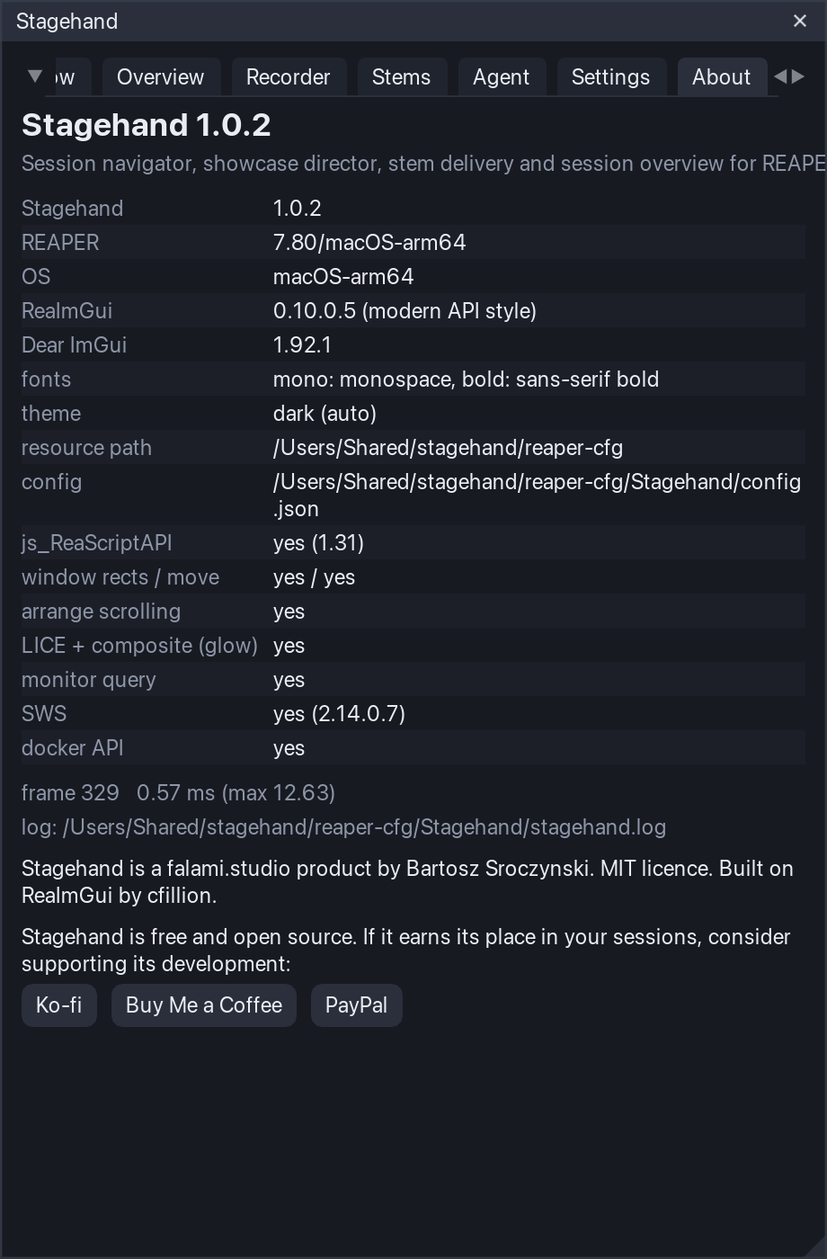 The About tab with the three support buttons.