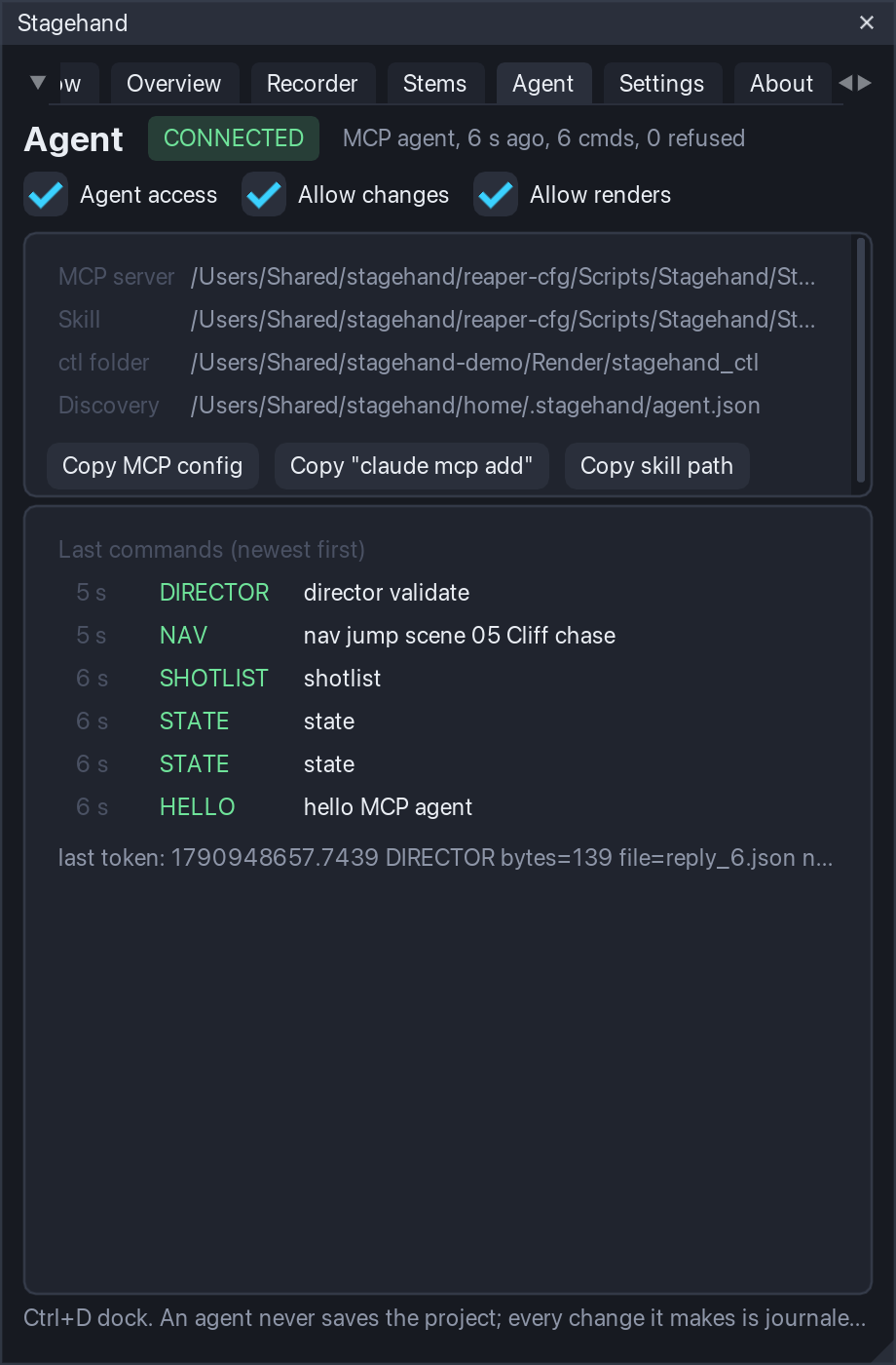 The Agent tab: the connected agent, the last commands, the three switches and the install snippets.