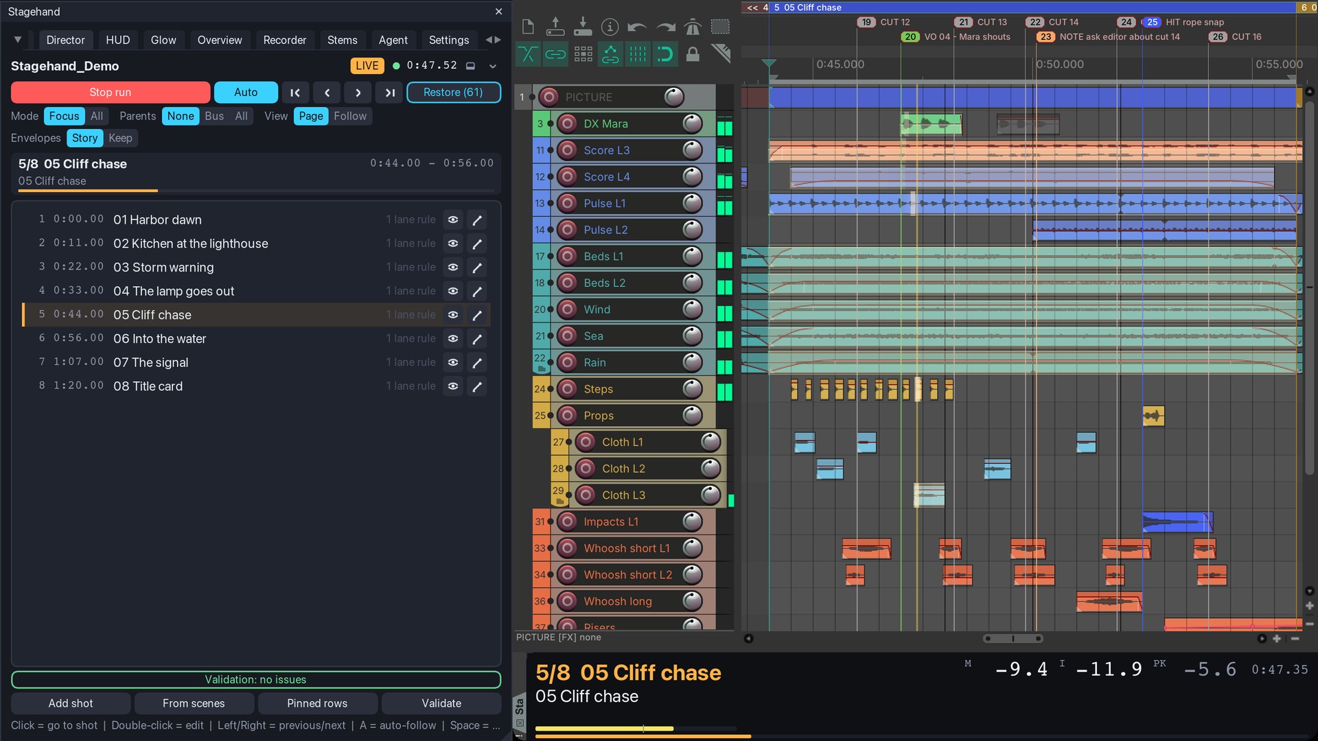 A Director run on the demo session: the arrange follows the shot, lanes locked to fill the view, the HUD bar at the bottom, the glow on the sounding tracks.