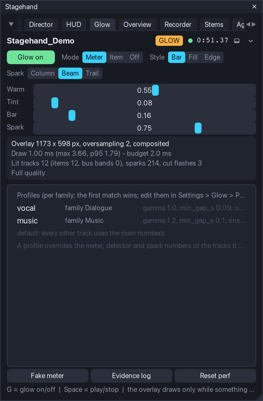 The Glow tab: mode, style, spark look, the live sliders and the overlay statistics.