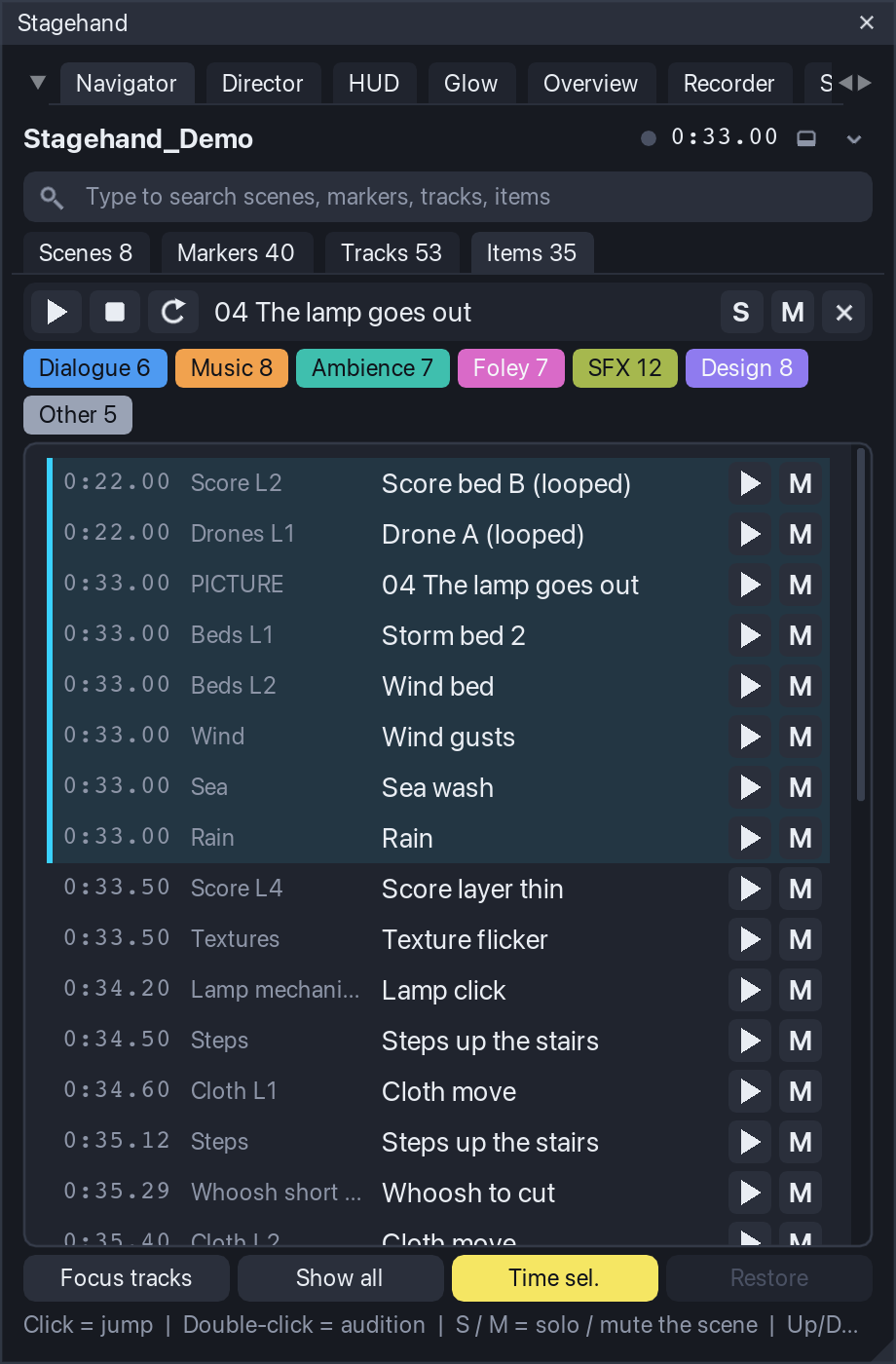 The Items tab of the Navigator: the items of the active scene with their tracks, the ones under the edit cursor highlighted; the family chips filter the list.