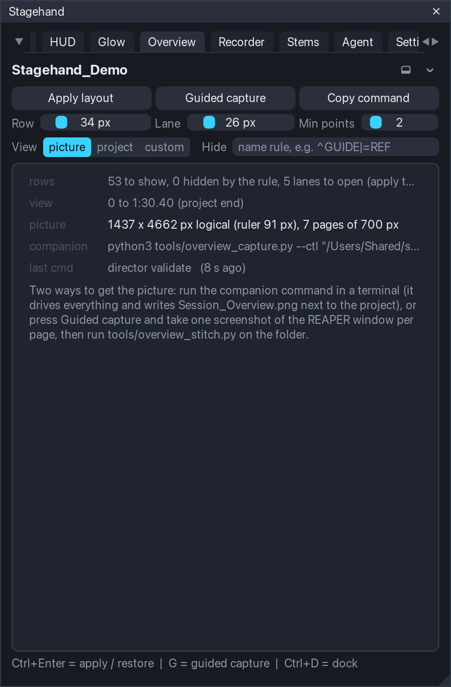 The Overview tab: row heights, the hide rule, the range and the capture / guided mode buttons.