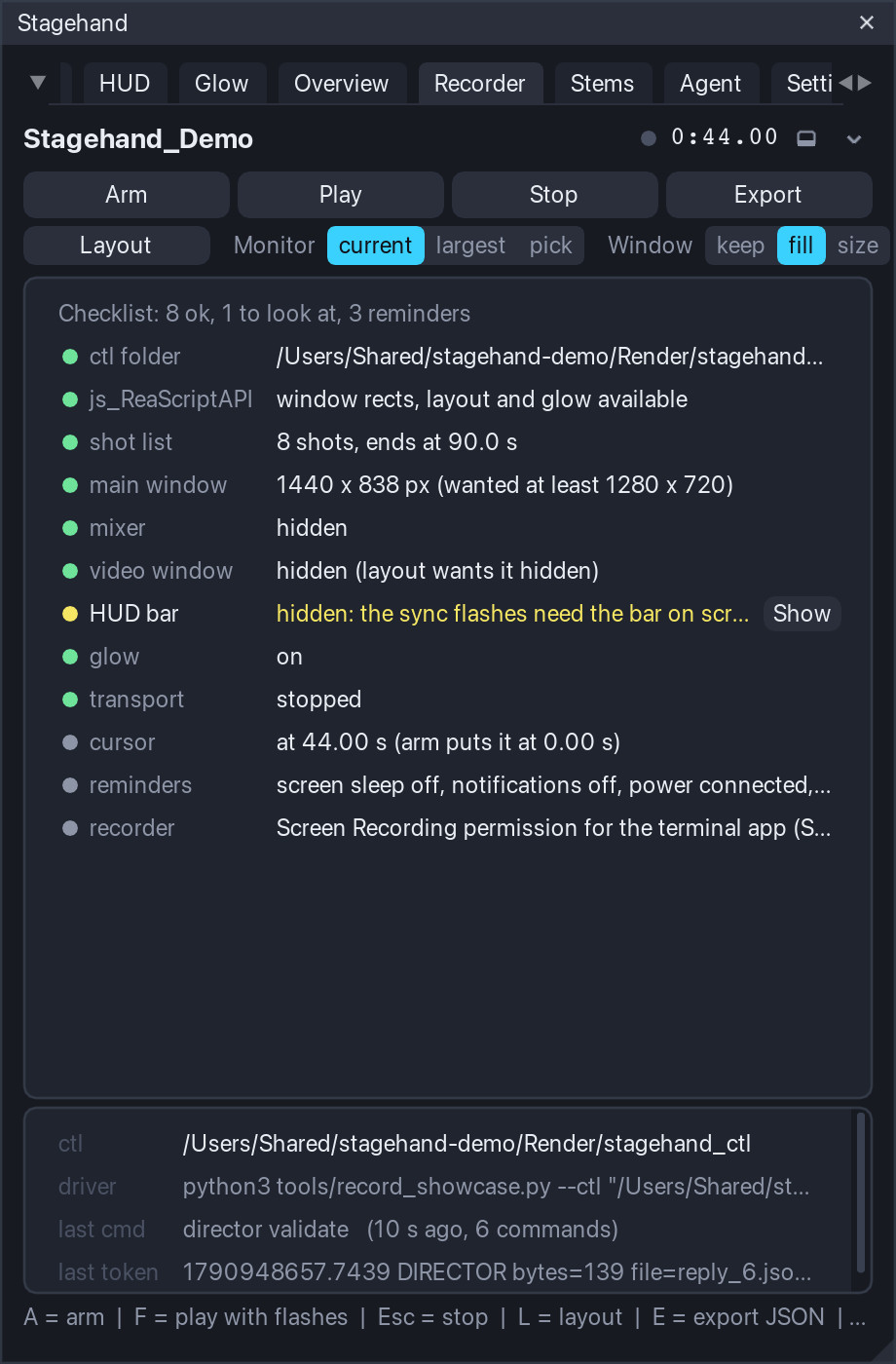The Recorder tab: arm / play / stop, the checklist and the control protocol panel.
