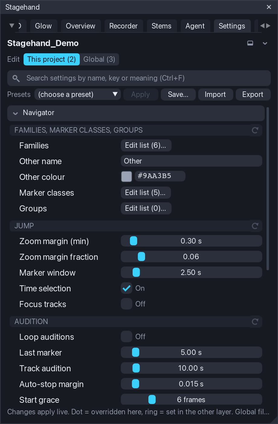 Settings: every key from the schema with its control, grouped by module; the This project / Global switch with the number of overrides in each layer, the search field and the presets row.