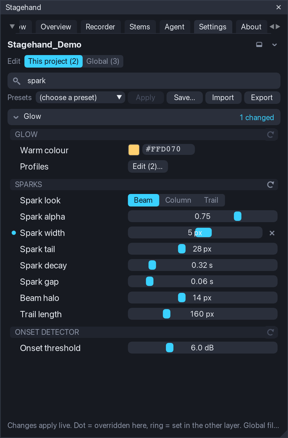 Search narrows the tab to the matching keys ("spark"); the dot and the x mark a value overridden in this project.