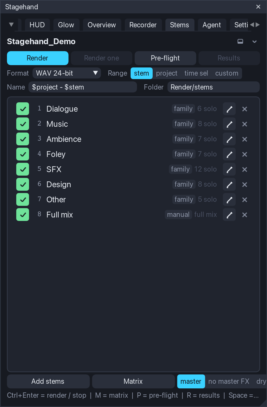 Stems: the set built from families plus a full mix, format / range / name / folder, the variant buttons.