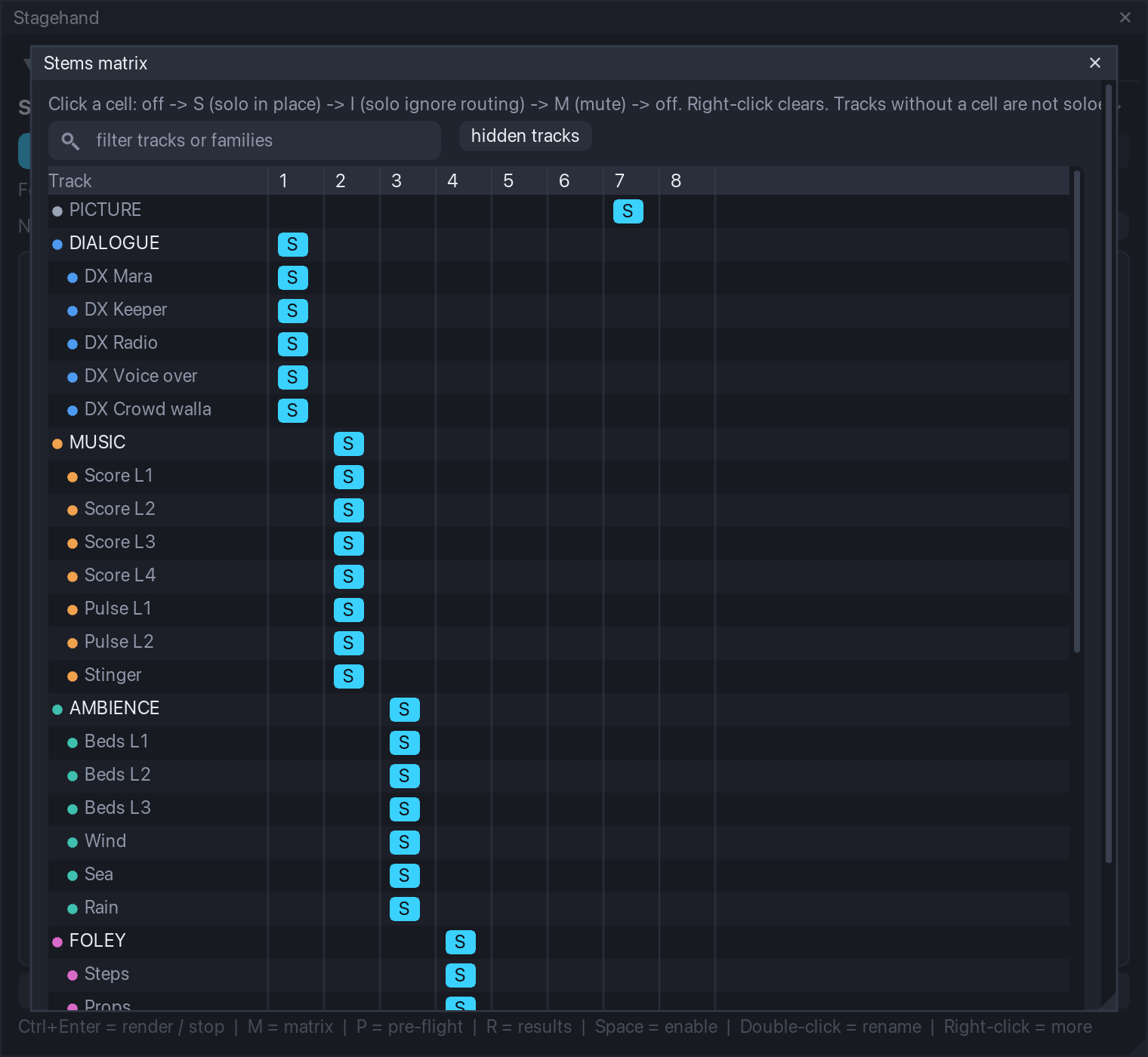 The matrix editor: one row per track, one column per stem, cells S / I / M.